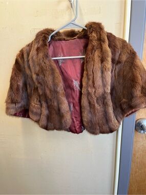 Vintage Brown Fur Stole with Deep Red Satin Lining